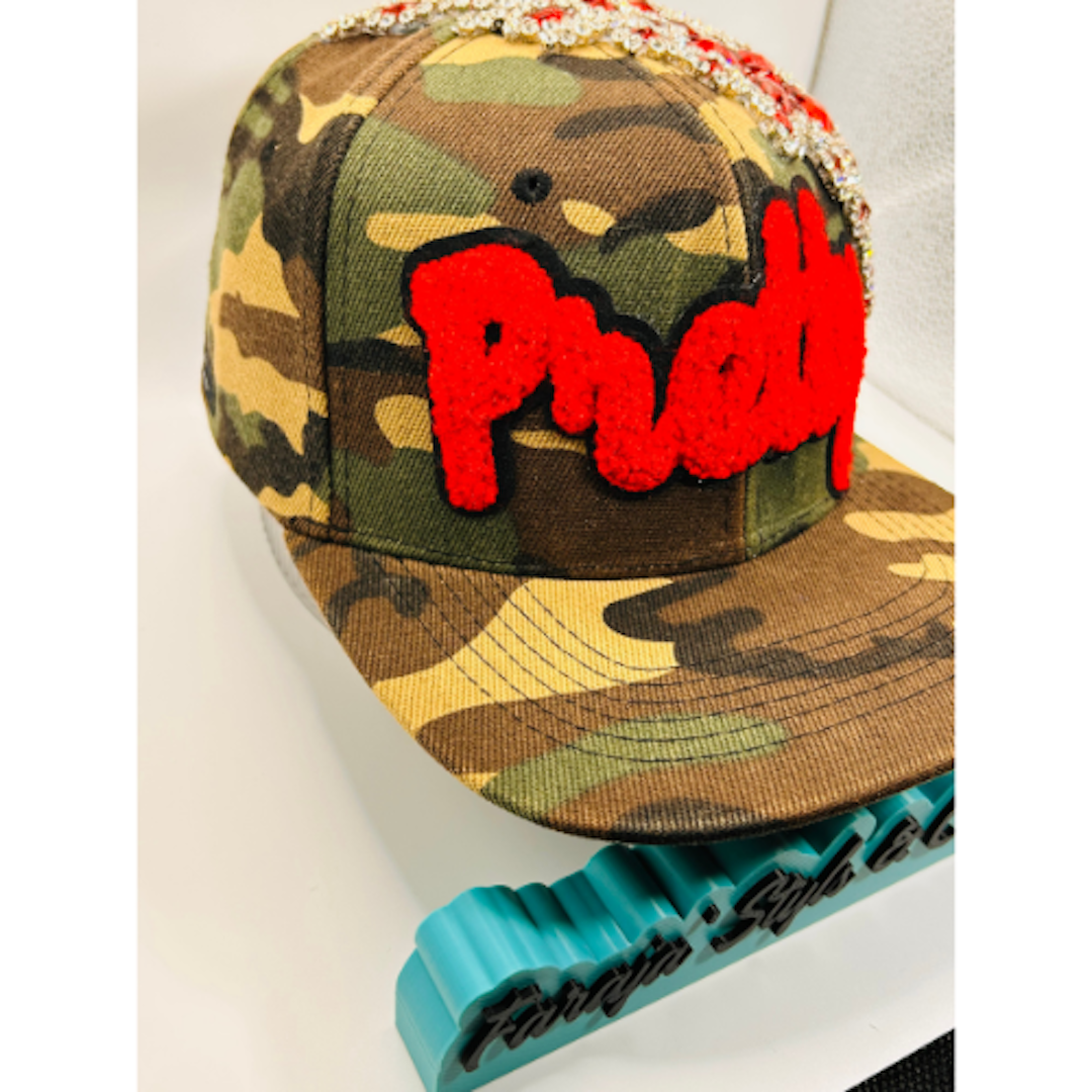 Camo Snapback Hat with Red Chenille “Pretty” Patch & Red + Clear Crystal Appliqué | Pretty Girl Collection