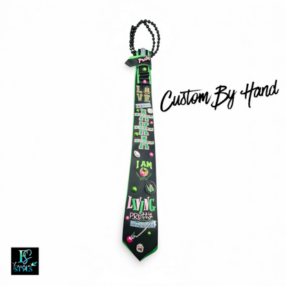 AKA Premade Junk Tie 2– Alpha Kappa Alpha Statement Tie with Denim, Pins & Bling