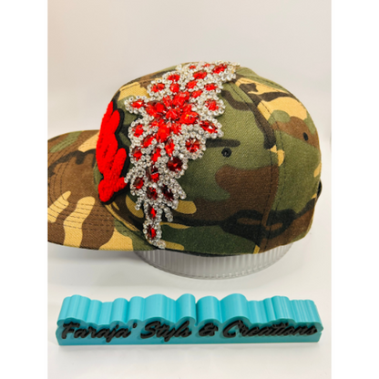 Camo Snapback Hat with Red Chenille “Pretty” Patch & Red + Clear Crystal Appliqué | Pretty Girl Collection