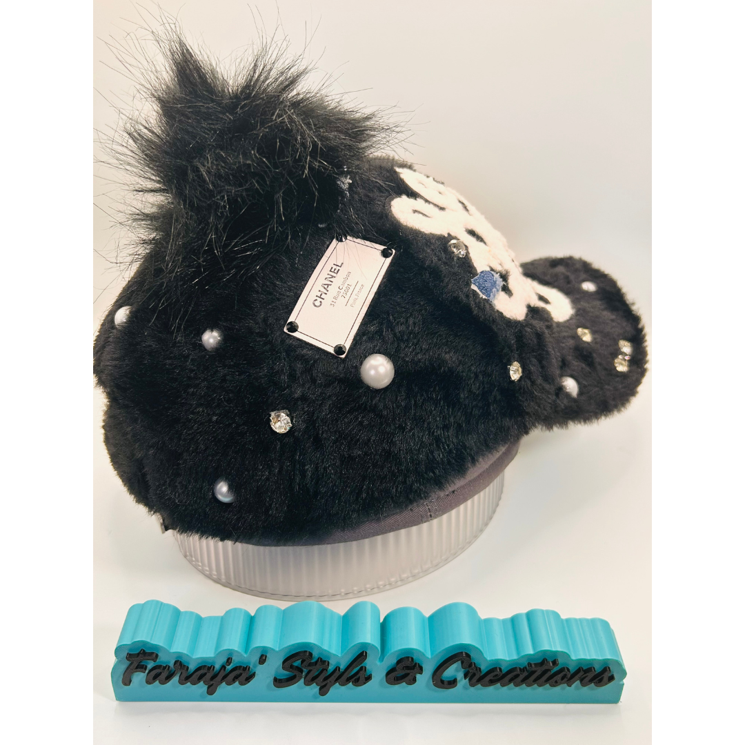 Black Furry “So Fly” Luxury Junk Trucker Hat | Patches, Bling Pins, Rhinestones & Pearls Brooches
