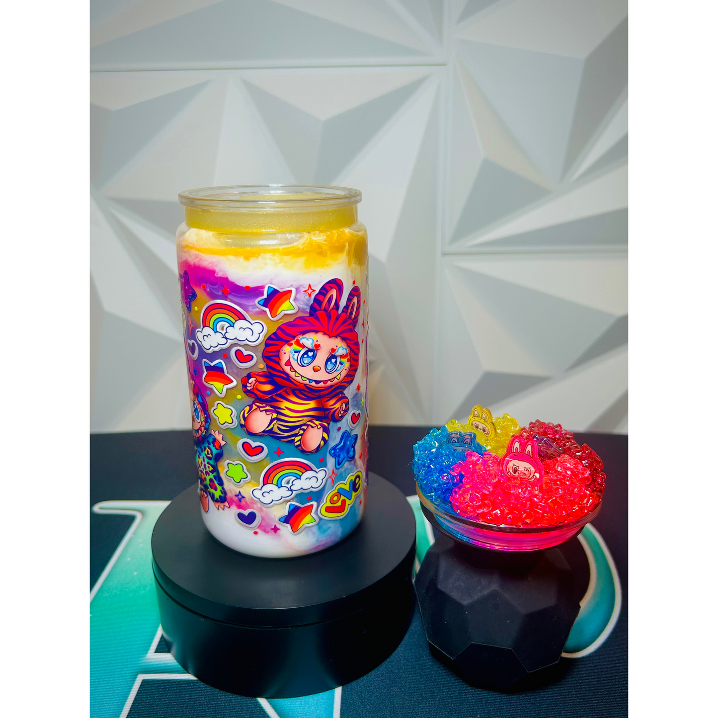 16oz LaBubu Rainbow Cream Snow Globe Tumbler | Charmed Lid