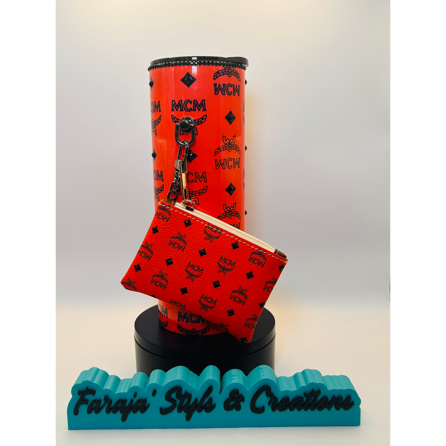 20oz Luxury Rhinestone Tumbler Set | Blinged Rim & Black Topper & Matching Coin Purse | Designer-Inspired | Glam Gift Set