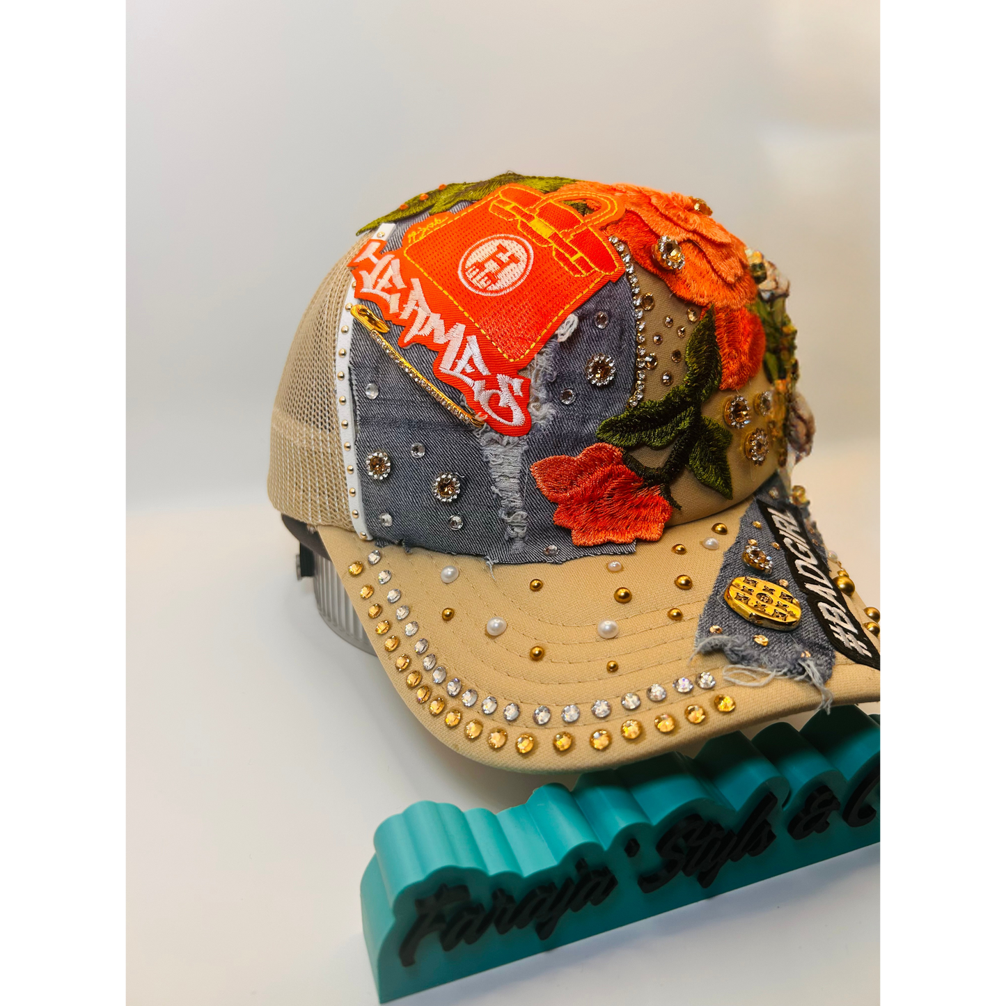 Bad Girl Custom Junk Trucker Hat | Rhinestones, Patches, Denim & Pearls