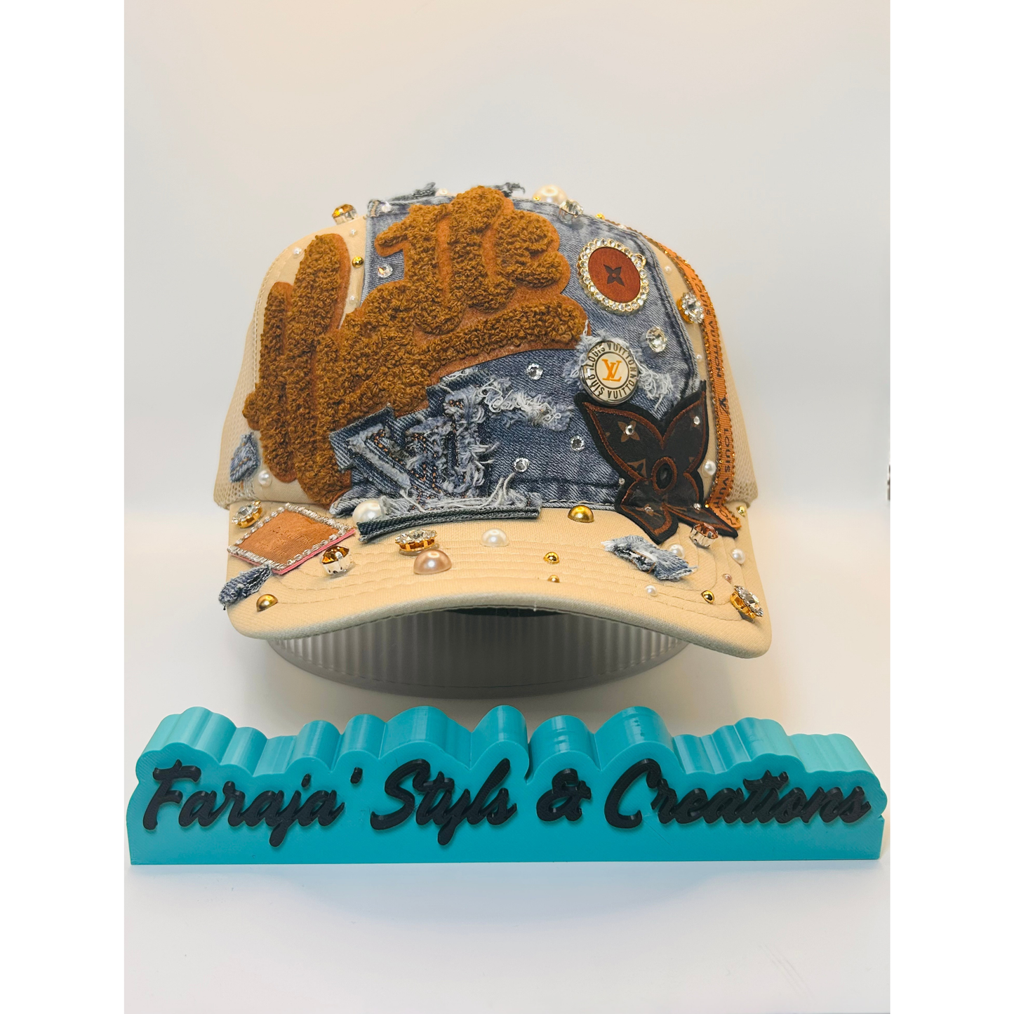 Hustle  Custom Junk Trucker Hat | Rhinestones, Patches, Denim & Pearls