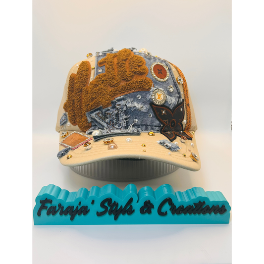 Hustle  Custom Junk Trucker Hat | Rhinestones, Patches, Denim & Pearls