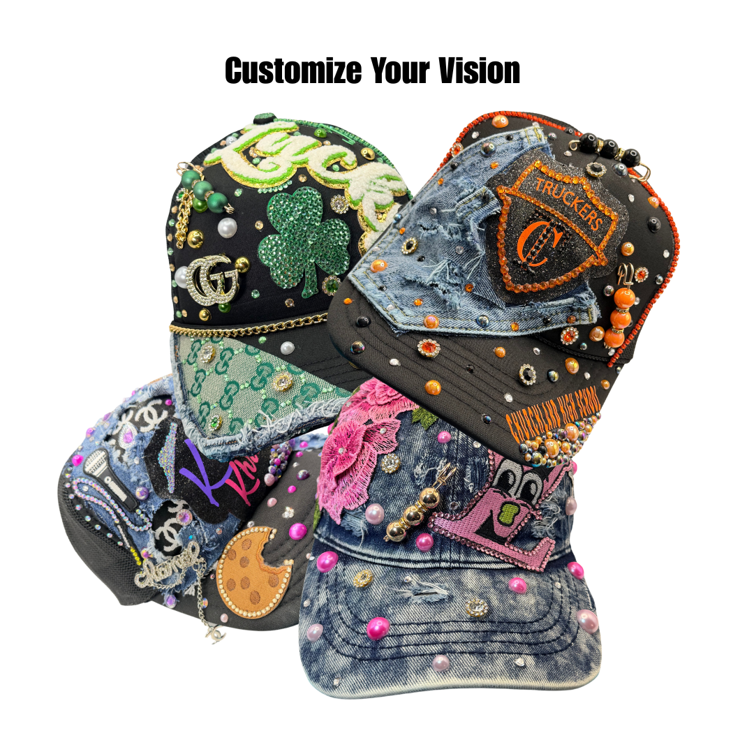 Create Your Own Junk Trucker Hat - Faraja’ Styls Custom Luxe Trucker Hat – Bling, Patches, Rhinestones & Personalized Junk Hat Design