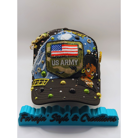 Faraja’ Styls Custom Veteran Luxe Trucker Hat – Patriotic Bling, Army Pride, Personalized Military Hat
