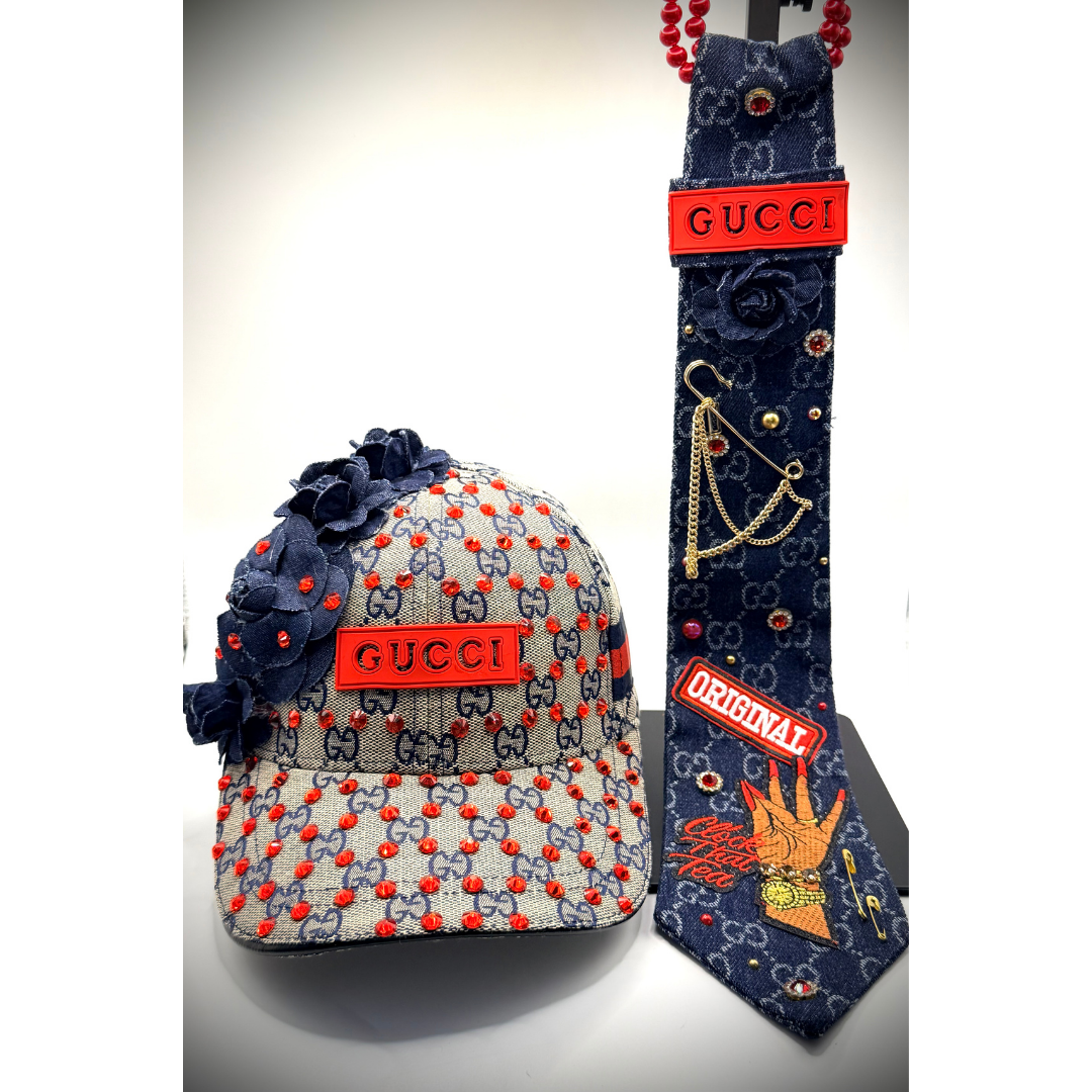 Red & Navy Luxury Junk Blinged Trucker Hat & Matching Junk Tie Set – Blinged & Jeweled - Ready To Ship