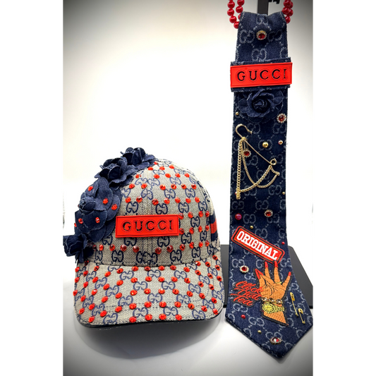 Red & Navy Luxury Junk Blinged Trucker Hat & Matching Junk Tie Set – Blinged & Jeweled - Ready To Ship