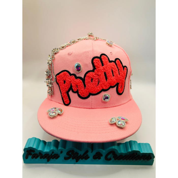 Pink Snapback Hat with Pink Chenille “Pretty” Patch & Clear Crystal Appliqué Trim | Pretty Girl Collection