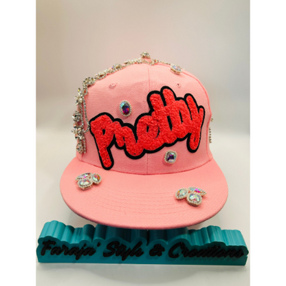 Pink Snapback Hat with Pink Chenille “Pretty” Patch & Clear Crystal Appliqué Trim | Pretty Girl Collection