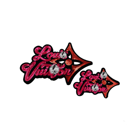 Lou** V Chenille Word Arrow Sequin Patches - Hot Pink