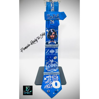 Zeta Phi Beta Premade Junk Tie 2– Blue & White Greek Statement Tie with Bling & Denim