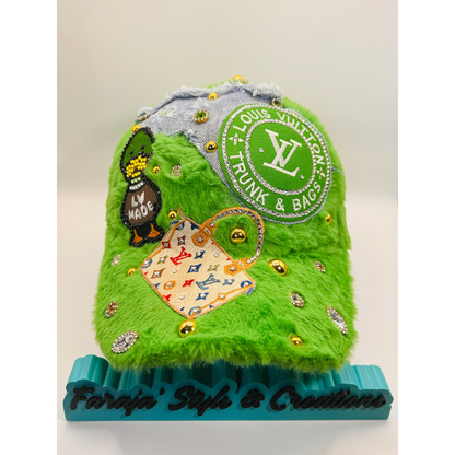 Green Furry “Trunk & Bags” Luxury Junk Trucker Hat | Patches, Bling Pins, Rhinestones & Pearls Brooches