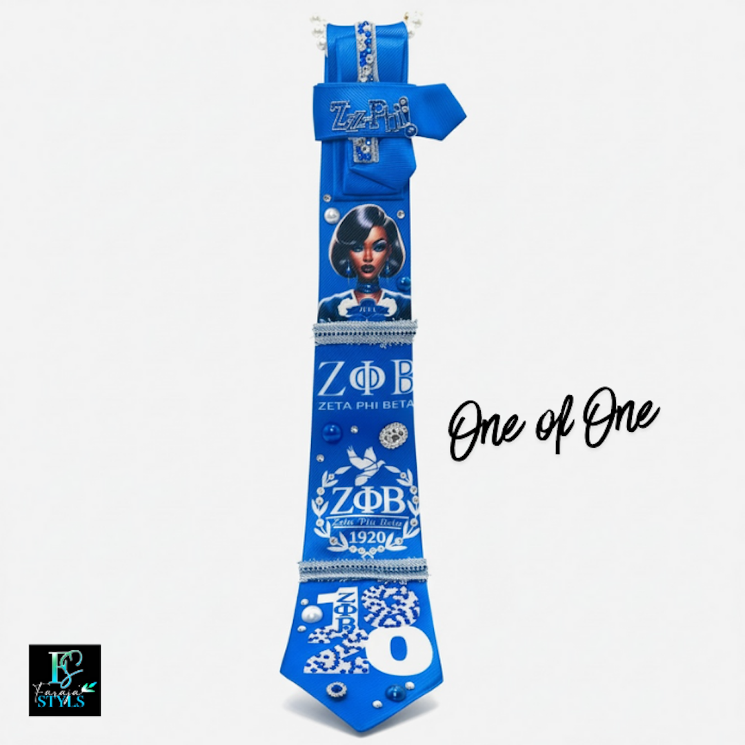 Zeta Phi Beta Premade Junk Tie 2– Blue & White Greek Statement Tie with Bling & Denim