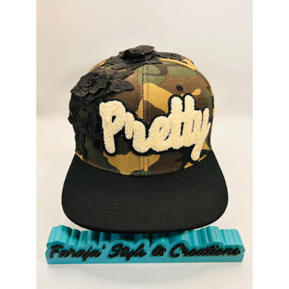 Camo Snapback Hat with Off White Chenille “Pretty” Patch & Embroidered Flowers | Pretty Girl Collection
