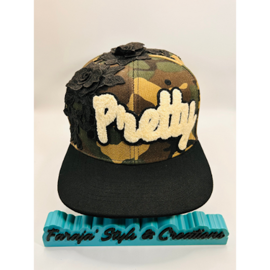 Camo Snapback Hat with Off White Chenille “Pretty” Patch & Embroidered Flowers | Pretty Girl Collection