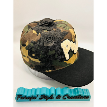 Camo Snapback Hat with Off White Chenille “Pretty” Patch & Embroidered Flowers | Pretty Girl Collection