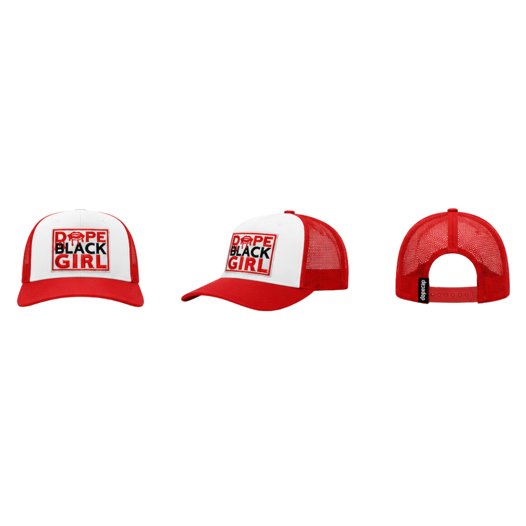 Dope Black Girl Patched Foam Trucker Snapback Hat | Melanin Queen Statement Cap - Red/ White