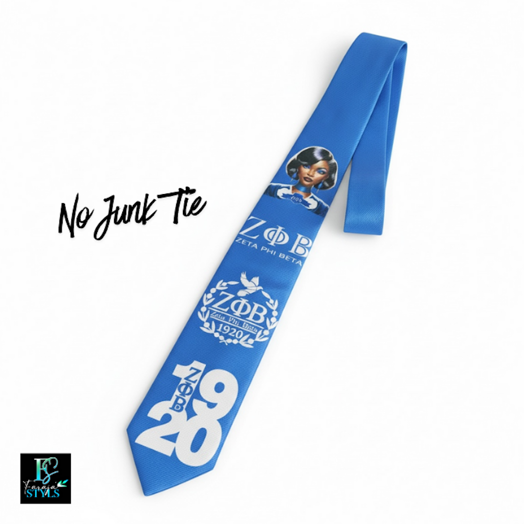Zeta Phi Beta Premade Junk Tie 2– Blue & White Greek Statement Tie with Bling & Denim