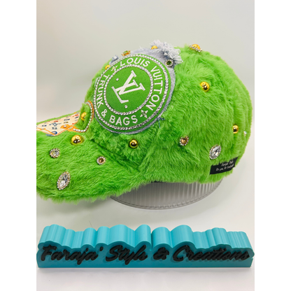 Green Furry “Trunk & Bags” Luxury Junk Trucker Hat | Patches, Bling Pins, Rhinestones & Pearls Brooches