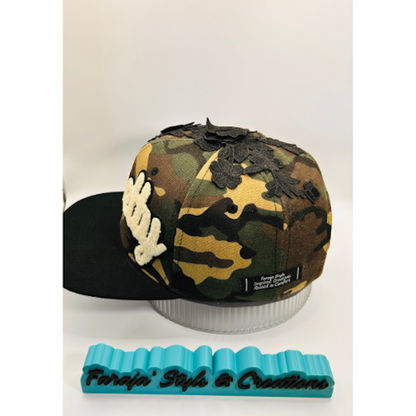 Camo Snapback Hat with Off White Chenille “Pretty” Patch & Embroidered Flowers | Pretty Girl Collection