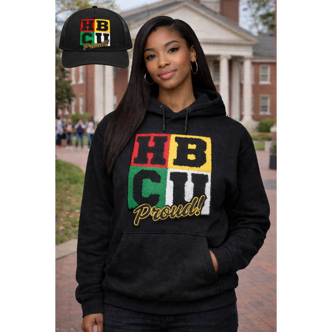 HBCU Period Chenille Patch Hoodie/ Trucker Hat – Statement Streetwear Pullover with Kangaroo Pocket