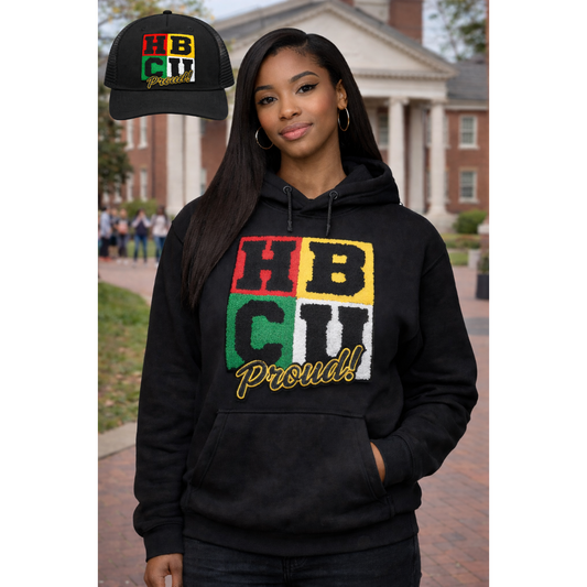HBCU Period Chenille Patch Hoodie/ Trucker Hat – Statement Streetwear Pullover with Kangaroo Pocket