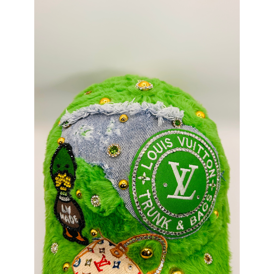 Green Furry “Trunk & Bags” Luxury Junk Trucker Hat | Patches, Bling Pins, Rhinestones & Pearls Brooches