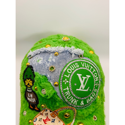 Green Furry “Trunk & Bags” Luxury Junk Trucker Hat | Patches, Bling Pins, Rhinestones & Pearls Brooches