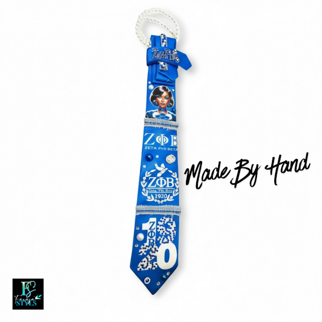 Zeta Phi Beta Premade Junk Tie 2– Blue & White Greek Statement Tie with Bling & Denim