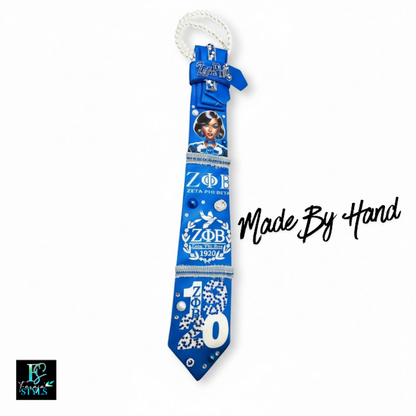 Zeta Phi Beta Premade Junk Tie 2– Blue & White Greek Statement Tie with Bling & Denim