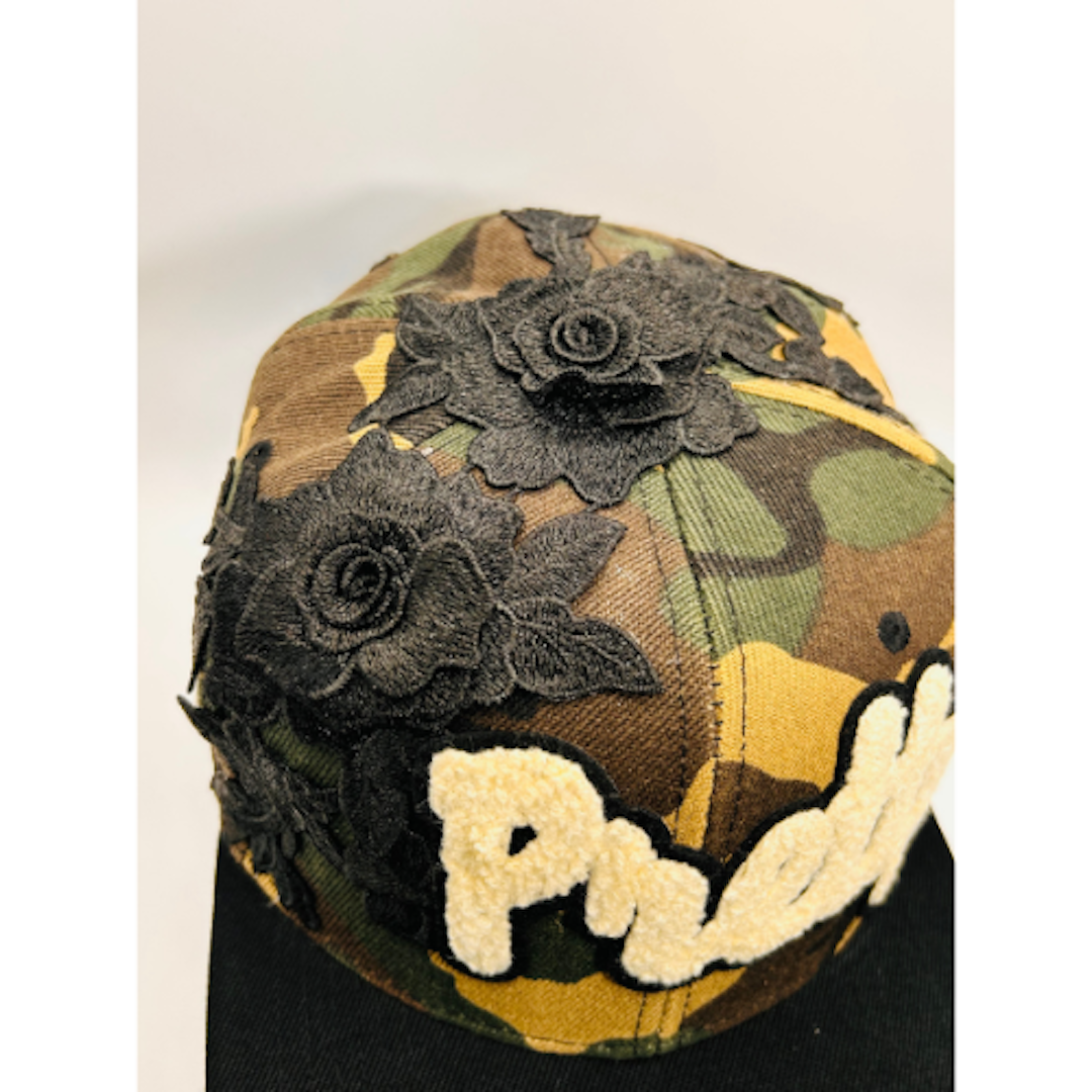 Camo Snapback Hat with Off White Chenille “Pretty” Patch & Embroidered Flowers | Pretty Girl Collection