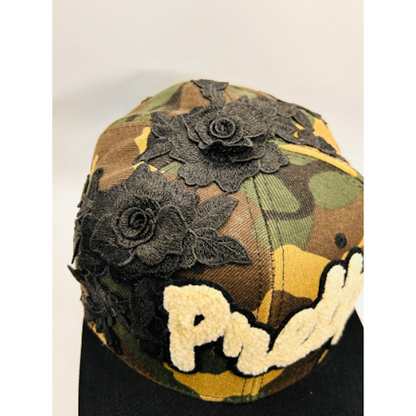 Camo Snapback Hat with Off White Chenille “Pretty” Patch & Embroidered Flowers | Pretty Girl Collection