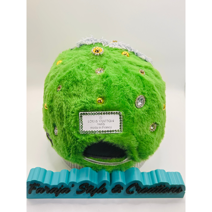 Green Furry “Trunk & Bags” Luxury Junk Trucker Hat | Patches, Bling Pins, Rhinestones & Pearls Brooches