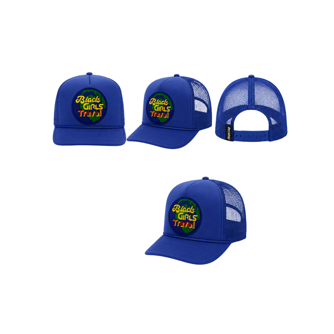 Black Girls Travel Patched  Mesh Hat | Melanin Travel Queen Trucker Cap - Royal Blue