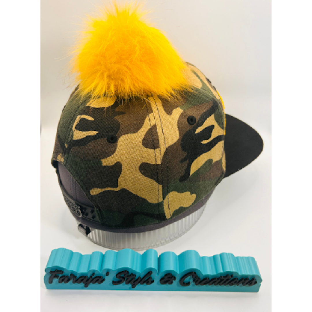 Camo Snapback Hat with Golden Yellow Chenille “Pretty” Patch & Pom Pom Ball | Pretty Girl Collection