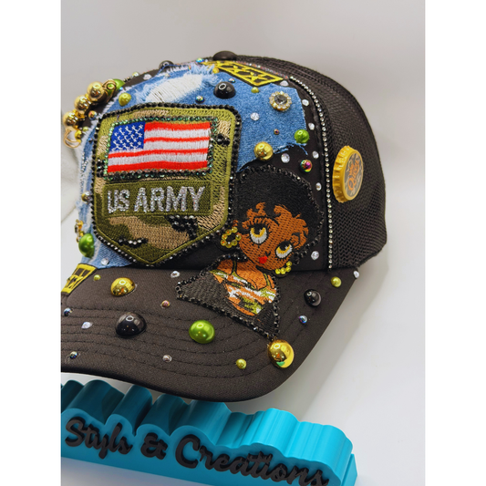 Faraja’ Styls Custom Veteran Luxe Trucker Hat – Patriotic Bling, Army Pride, Personalized Military Hat