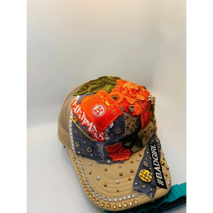 Bad Girl Custom Junk Trucker Hat | Rhinestones, Patches, Denim & Pearls
