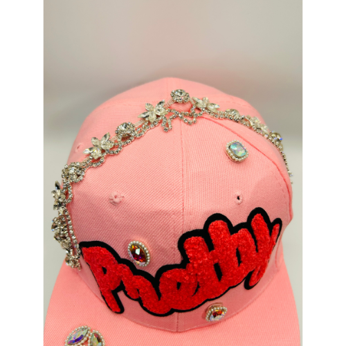 Pink Snapback Hat with Pink Chenille “Pretty” Patch & Clear Crystal Appliqué Trim | Pretty Girl Collection