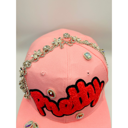 Pink Snapback Hat with Pink Chenille “Pretty” Patch & Clear Crystal Appliqué Trim | Pretty Girl Collection