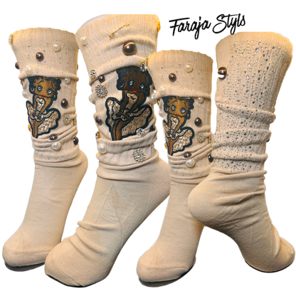 Custom Junk Slotch Socks with Patches, Pearls & Rhinestones | Personalized Glam Socks | Handmade Fashion Statement