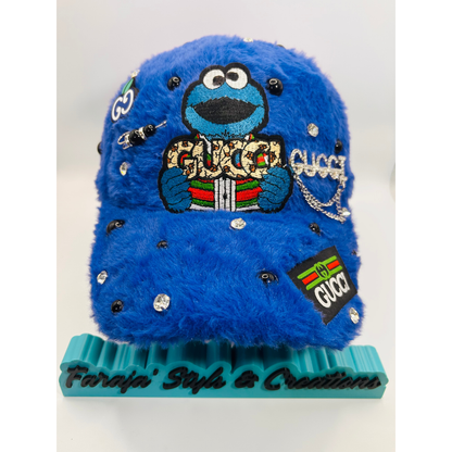 Royal Blue Furry Luxury Cookie Monster Junk Trucker Hat | Luxury Patches, Pins, Rhinestones & Pearls