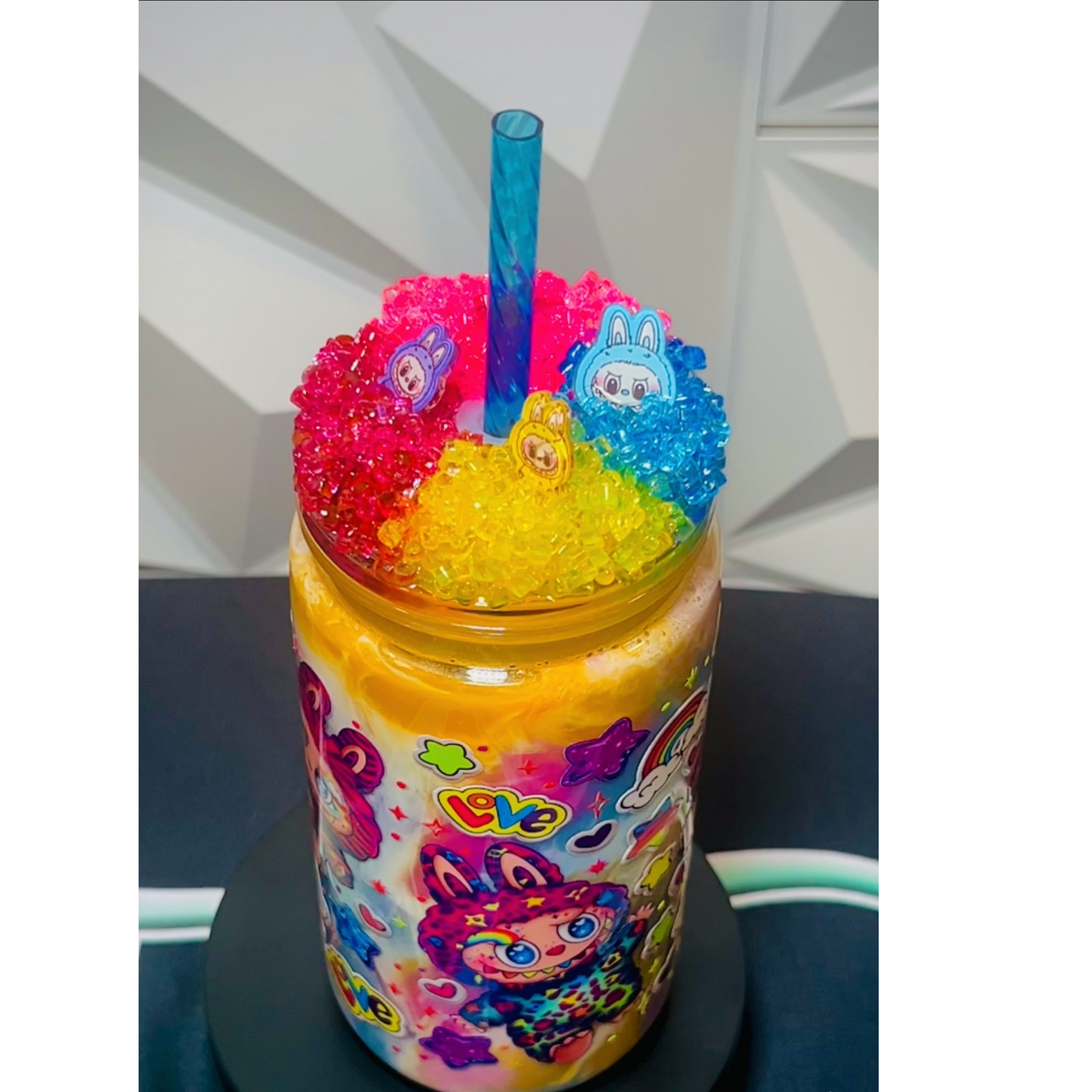16oz LaBubu Rainbow Cream Snow Globe Tumbler | Charmed Lid