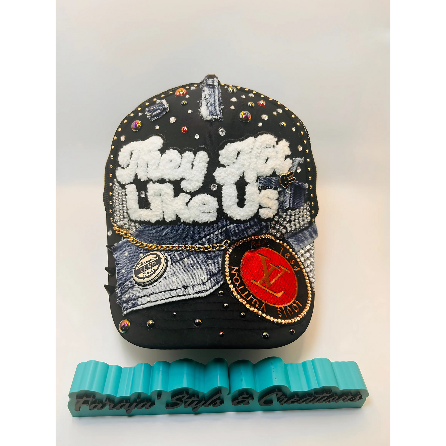 They Not Like Us Custom Junk Trucker Hat | Rhinestones, Patches, Denim & Pearls