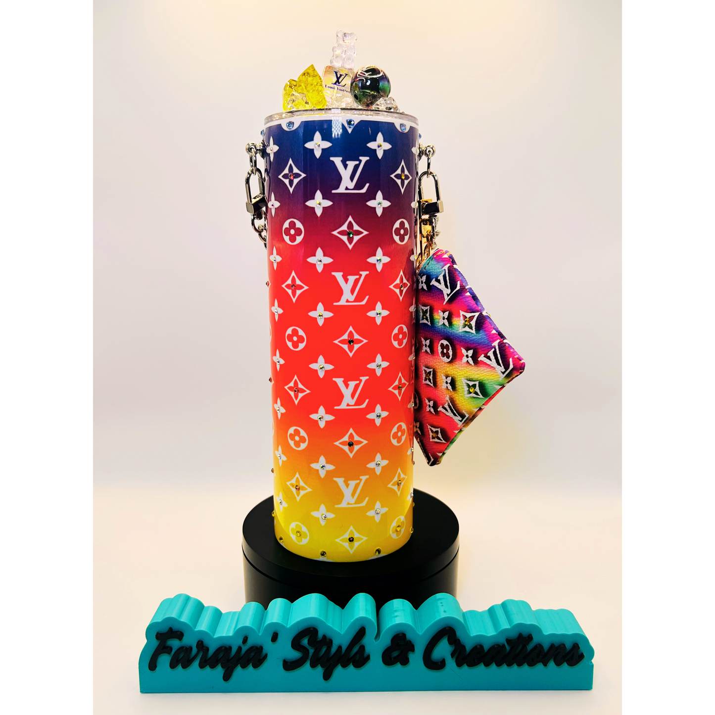 20oz Luxury Rhinestone Tumbler Set | Iced Charmed Topper & Matching Coin Purse | Designer-Inspired