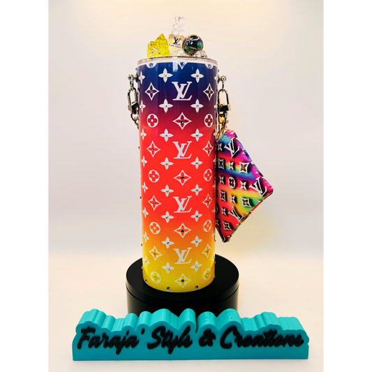 20oz Luxury Rhinestone Tumbler Set | Iced Charmed Topper & Matching Coin Purse | Designer-Inspired