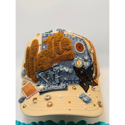 Hustle  Custom Junk Trucker Hat | Rhinestones, Patches, Denim & Pearls
