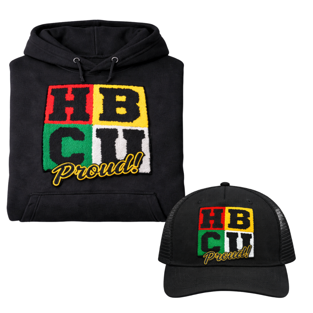 HBCU Period Chenille Patch Hoodie/ Trucker Hat – Statement Streetwear Pullover with Kangaroo Pocket