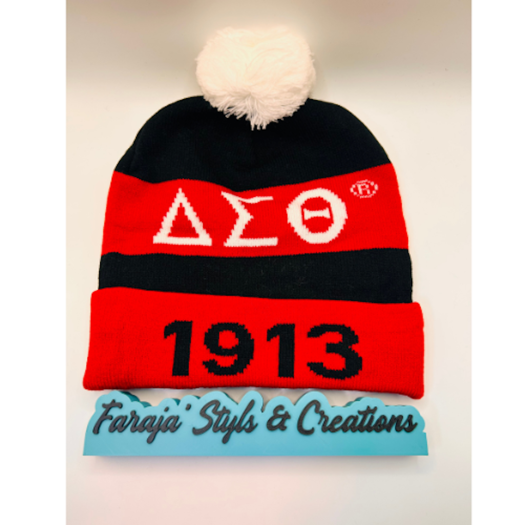 Delta Sigma Theta Junk Red/Black Pom Pom Beanie | Patched, Pinned, Stoned & Pearled | Custom DST Winter Hat